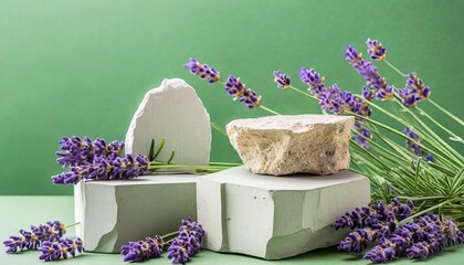 broken stone podiums featured over pastel green background with lavender flowers concept scene...
