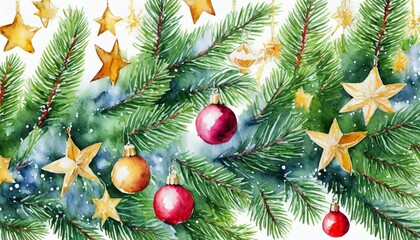 Fototapeta na wymiar watercolor christmas tree branches decorated with baubles and stars on white background