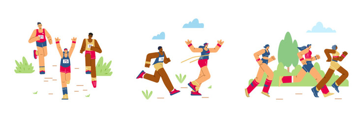 Set of people running marathon scenes flat style, vector illustration