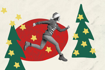 Creative collage picture of crazy cheerful black white colors girl running christmas tree stars isolated drawing background