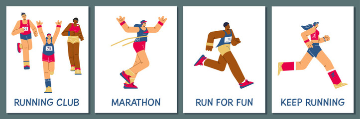 Fototapeta na wymiar Set of posters or vertical banners about marathon runners flat style