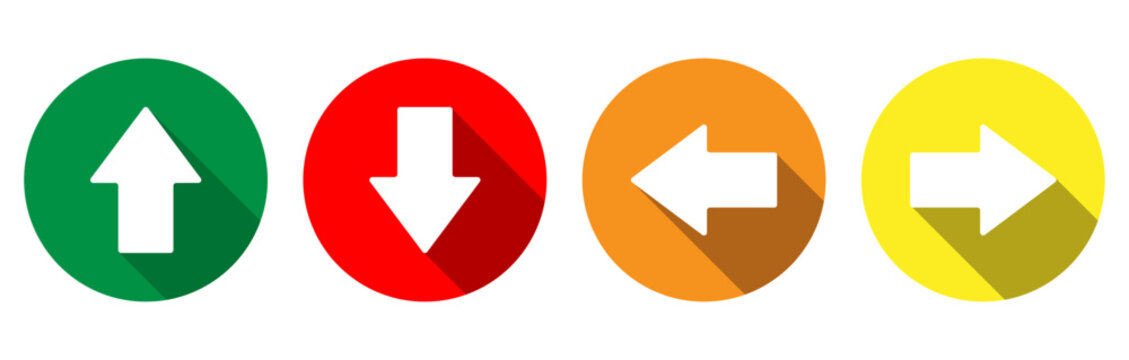 Up, down, left and right arrows. Multi-colored round icons with white arrows.