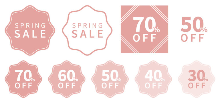 Pale pink set of seasonal stickers for discounts and promotions. Minimalistic vector spring discount icons