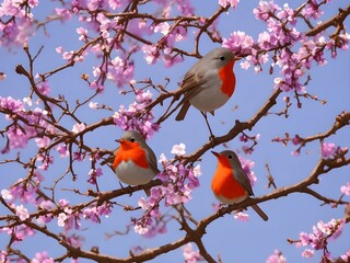 Two robins sitting on a branch of a blossoming sakura