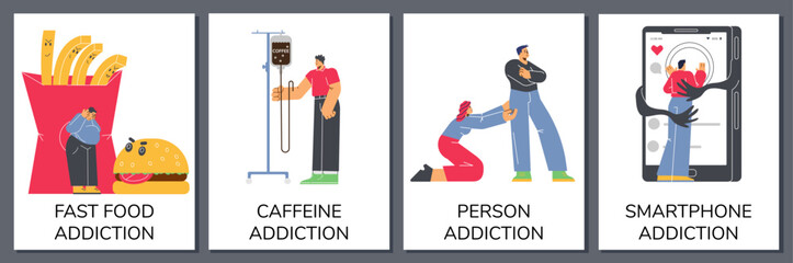 Set of posters or vertical banners about different addictions flat style