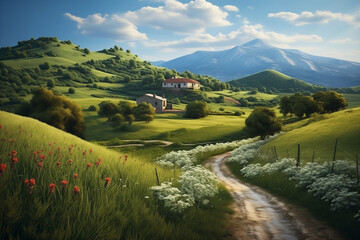 Paysage de montagne, ballon des Vosges avec petite ferme traditionnelle isolée dans les hauteurs - obrazy, fototapety, plakaty