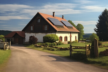 Obraz premium Ferme traditionnelle vosgienne dans la campagne, rénovée avec panneaux solaires sur le toit, vie durable et autonome 