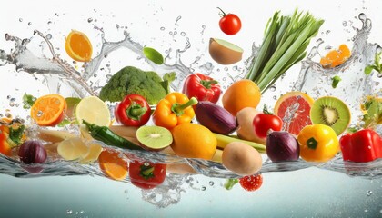 many fruits and vegetables falling into water against white background