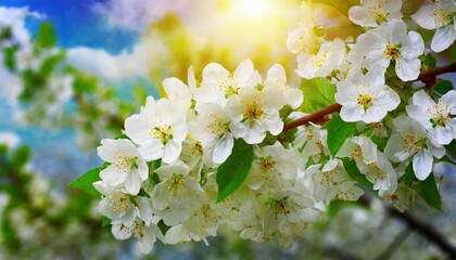 spring blooming white blossoms and sunlight in the sky