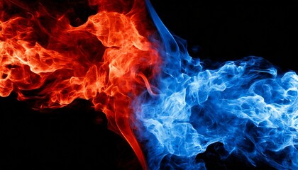 red and blue fire on black background on 2 sides collapse fire and ice concept design red and blue smoke fiery contradiction force background - obrazy, fototapety, plakaty