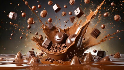 liquid chocolate and bonbons burst explosion splash in the air on background