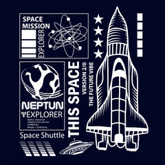 Hand drawnTypography space print with  space rockets, planets, stars. Space background © SokolArtStudio