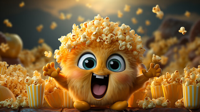 Popcorn viewed float Paper cup, happy popcorn emoji cartoon image