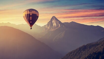 hot air balloon above high mountain at sunset filtered background