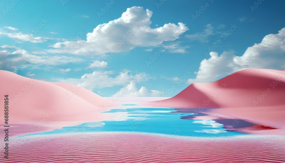 Wall mural 3d render modern abstract minimalist background water in the middle of the pink desert under the blue sky with white clouds fantasy landscape - Wall murals