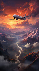 Commercial Aircraft Soaring Over Misty Skies Sunset Oil Painting The Horizon on Blurry Background
