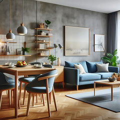 Scandinavian home interior design of modern living room with sofa table and chairs. Generative ai