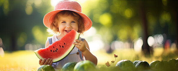 Child eating a cut watermelon in green park. Fresh water melon. copy space for text. - obrazy, fototapety, plakaty