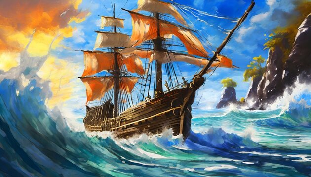 art illustration of big ancient pirate ship sailing on rough sea generative ai