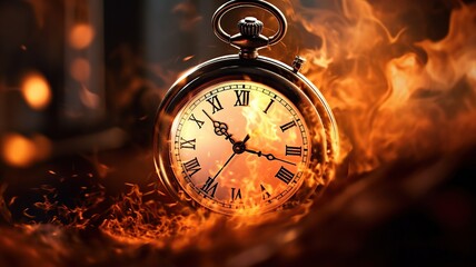 close up horizontal view of a vintage clock burning on fire AI generated - obrazy, fototapety, plakaty