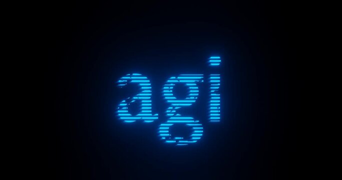 3D illustration abstract of the word "agi" glowing in blue neon lights on a black background