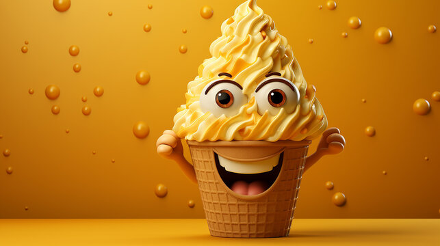 Waffle corn of fresh natural sweet ice cream, happy ice-cream corn emoji cartoon image