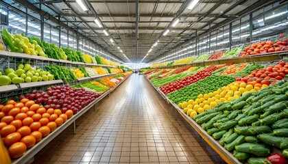 a large supermarket has a wide aisle full of fruit and vegetables bright lighting from bulbs generative ai