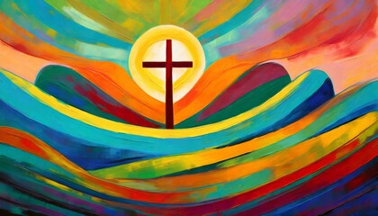 colorful painting art of an abstract curvy background with cross christian illustration