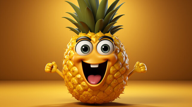 Pineapple isolated on a yellow background, happy pineapple emoji cartoon image