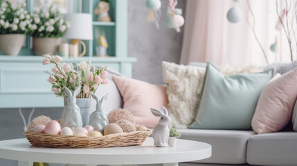 close up of the table with easter decors such as easter eggs and ceramic easter bunny figurines and a couch with pastel cushions in the background