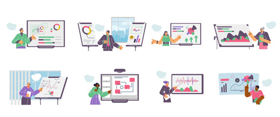 People presenting, explaining screen statistics charts diagrams, business mentor coach, teacher vector illustrations set