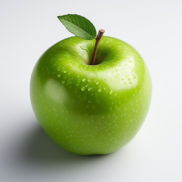 Fresh green apple with green leaf isolated on white background.