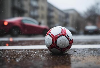 AI illustration of a soccer ball situated on a wet city sidewalk with cars in the background. - obrazy, fototapety, plakaty