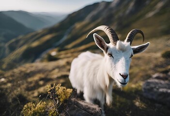 Obraz premium AI illustration of an adorable goat stands atop a grassy hill.