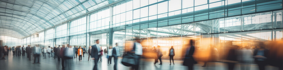 Blurred business people in windows interior. Strolling at an expo conference hall, demonstrating motion speed blur,