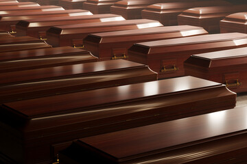 Neat Rows of Polished Wooden Coffins in Somber Warehouse Storage - obrazy, fototapety, plakaty