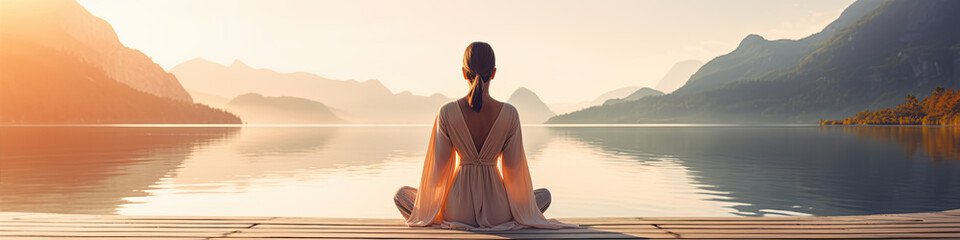 Fototapeta na wymiar Young woman from rear side meditating by the lake in summer sunnset. Practicing mindfulness and meditation in a peaceful nature.