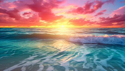 Tranquil Beach Sunset with Dramatic Sky and Surfing Waves