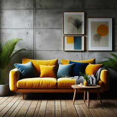 Scandinavian home interior design of modern living room with sofa table and chairs. Generative ai