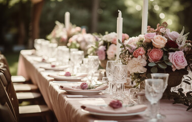 Wedding Rustic table setting with pink flowers - Powered by Adobe