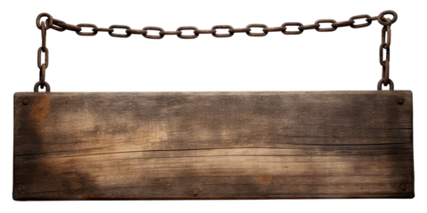 Weathered wooden sign hanging on a chain, cut out