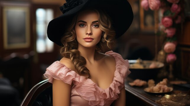 Elegant woman in fashionable clothes and hat