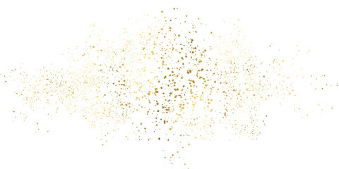 Sparkling dust particles. PNG, Gold sparkle splatter border .Festive  background with gold glitter and confetti for celebration. Background with glowing golden particles. - obrazy, fototapety, plakaty