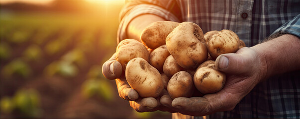 Fresh potatoes in farmer hands in sunset light. - Powered by Adobe