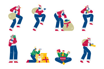 Secret santa with huge bag sneakily delivering gifts, present from Santa Claus for christmas and new year vector set