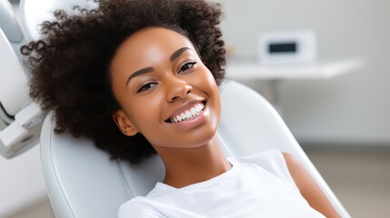 A young beautiful african girl in a dentist chair smiling with beautiful white, healthy teeth. woman with white teeth