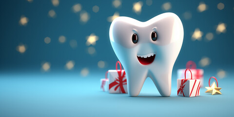 Christmas dental banner with happy tooth and place for text over pastel blue background . Generative AI.