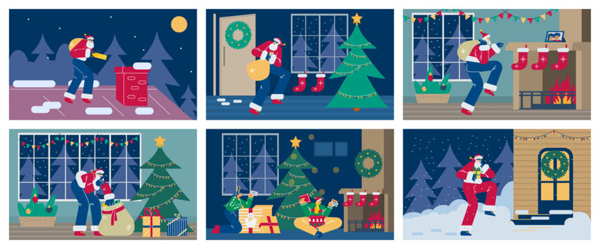 Holiday Secret Santa gift exchange banners set, flat vector illustration.