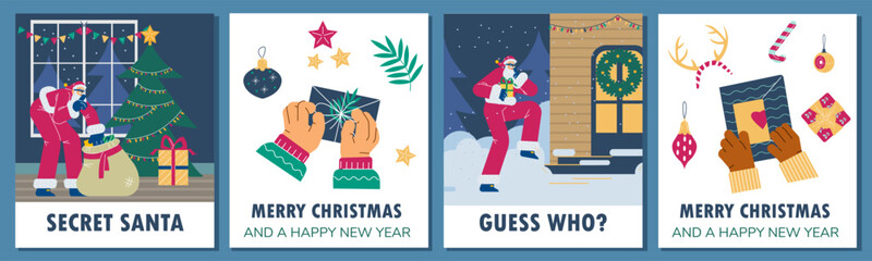 Secret Santa and Christmas greeting cards set, flat vector illustration.