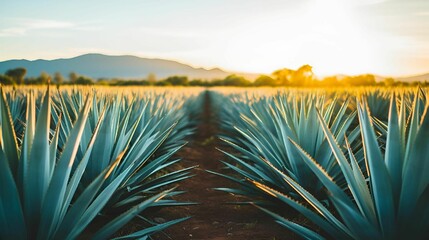 AI generated illustration of a sunset casts a beautiful glow on a field of blue agave plant - obrazy, fototapety, plakaty